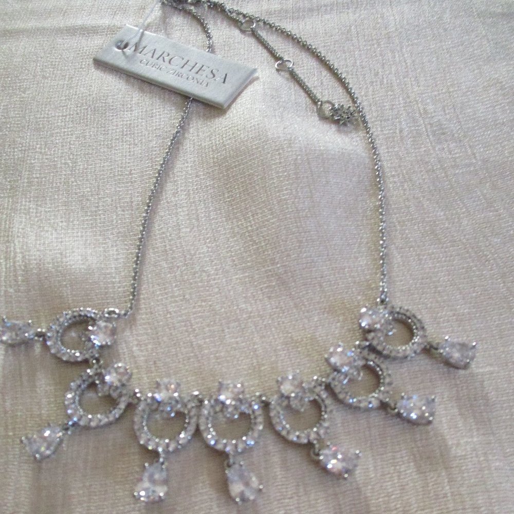 NEW Marchesa Cubic Zirconia CZ Silver Tone Necklace Evening, Wedding NWT - Picture 6 of 8